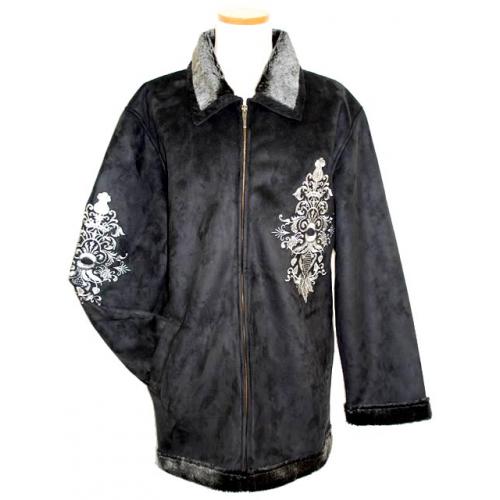 Prestige Black/Metallic Silver Grey Embroidered Suede Leather Coat with Grey Fur Lining